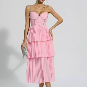 Catchal Meredith Pink Diamond Ruched Midi Dress Sz L
